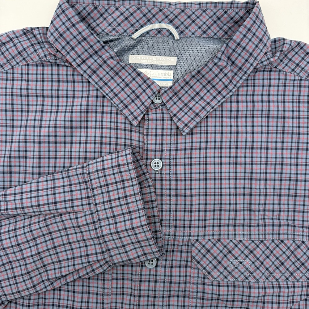 Columbia Shirt Men XXL Blue Plaid Omni-Shade Sun Protection Hiking Long Sleeve